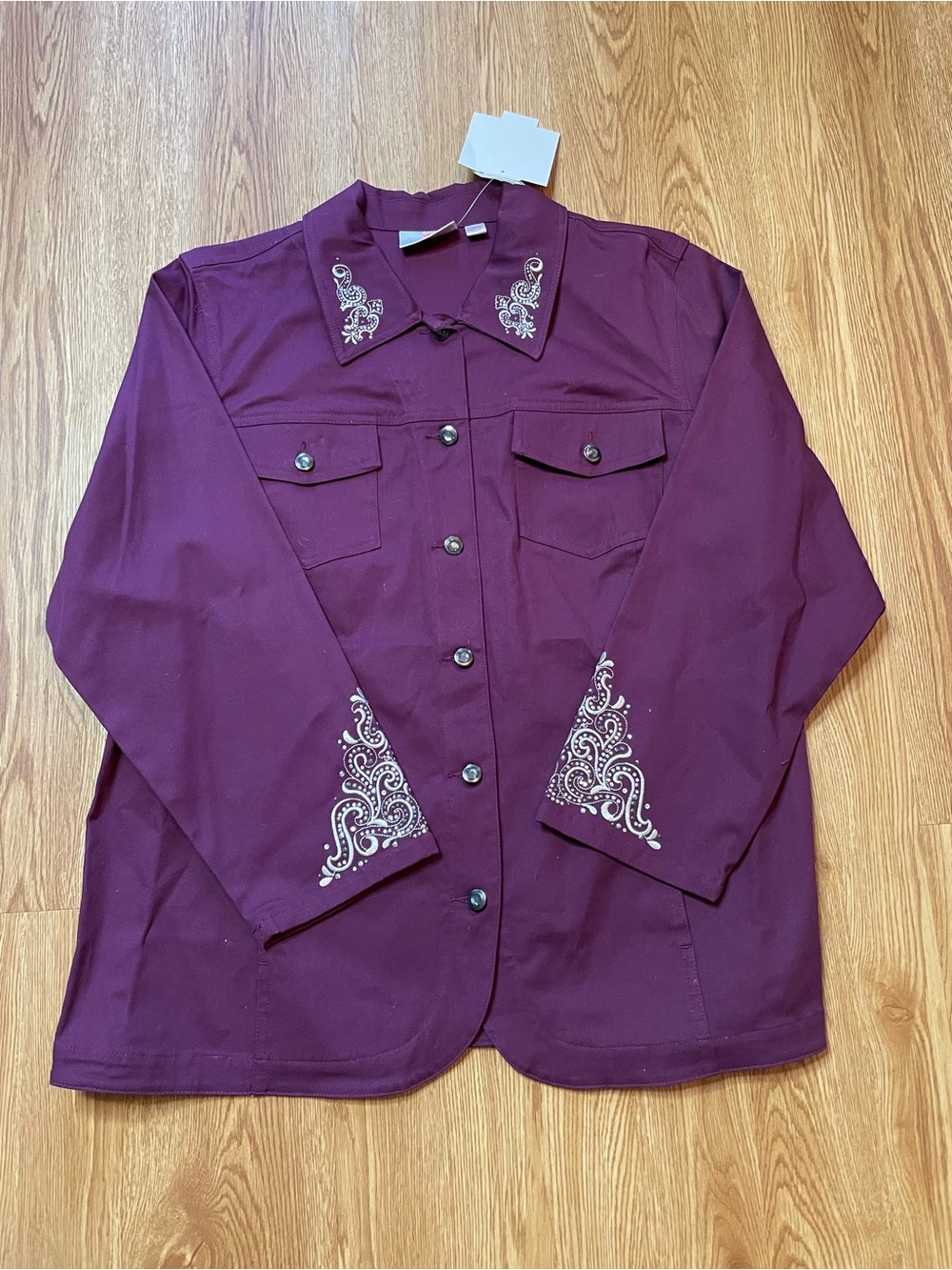 Quacker Factory Scroll Embellished Woven Button Up Jacket Wine Purple NWT Size L